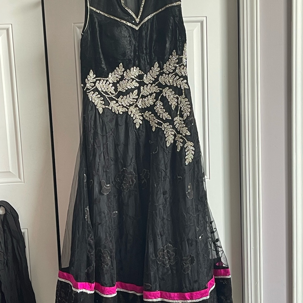 Black Dress with Silver Embroidery and Pink Accents